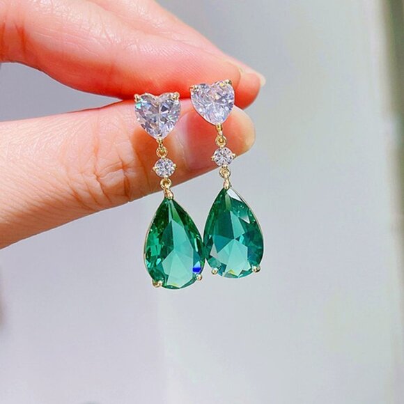 🎁 Green Color Crystal Party Jewelry Waterdrop CZ Earring for Women, HA4529 - Picture 3 of 3